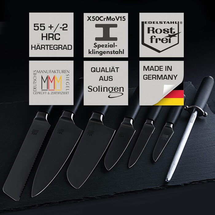 Набір кухонних ножів Gehrig Solingen Home, 6 предметів, з бруском, Made in Germany