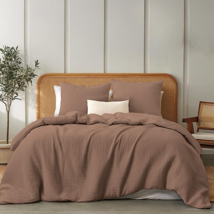 Комплект постільної білизни Dreamzie з мусліну, 135x200 см, 100% бавовна (муслін) – 2 наволочки 80x80 см, 2 наволочки 80x80 см, з блискавкою, сертифікат Oeko-Tex (Мокко, 200x200 см + 2 x 80x80 см)