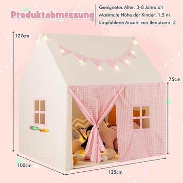Дитячий намет GOPLUS з м'яким килимком, зірочками та китицями, ігровий будиночок для дому та вулиці з вікнами, дверима та кишенями, для дітей від 3 років (Рожевий)