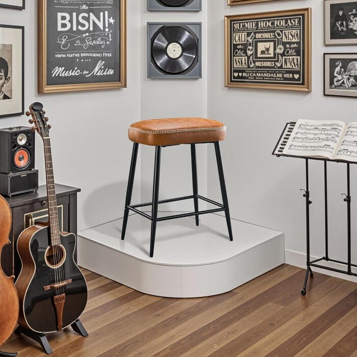 Набір з 2 барних стільців з мікрофібри, ретро дизайн, висота 62.5 см, без спинки, сірий (коричнева шкіра)