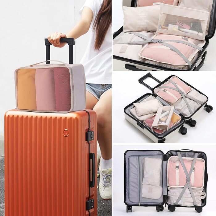 Набір органайзерів для одягу в подорожі Packing Cubes, дорожні сумки-компресори для валізи та зберігання речей, бежевий, 9 шт.