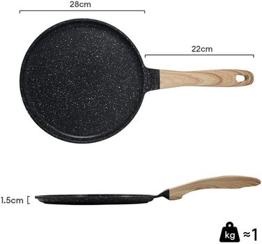 Сковорода для крепів JEETEE з антипригарним покриттям з граніту, 28 см, ручка з бакеліту, сумісна з усіма плитами, PFOA Free