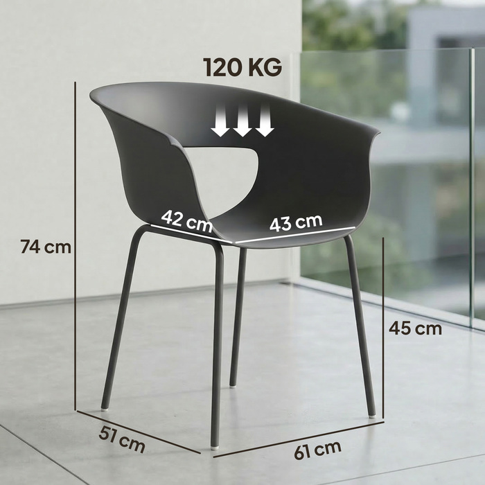 Набір садових стільців (4 шт.) з ергономічною спинкою, для балкона, з вирізами, підлокітниками, стійкі до погодних умов та іржі, темно-сірого кольору