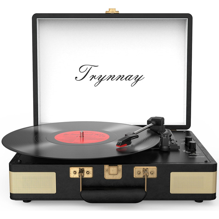 Вініловий програвач Trynnay 3-швидкісний, Bluetooth, портативний у кейсі, з вбудованими динаміками, покриття з PU-шкіри, ретро чорний