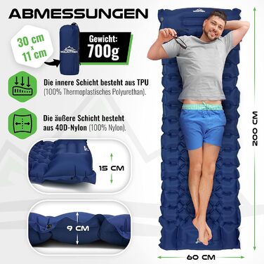 Килимок для сну MOUNTREX - Вуличний, кемпінговий надувний матрац - Ультралегкий і невеликий розмір упаковки (700 г) - Надувний матрац, Килимок для сну з ножним насосом - Складний і підключається синій