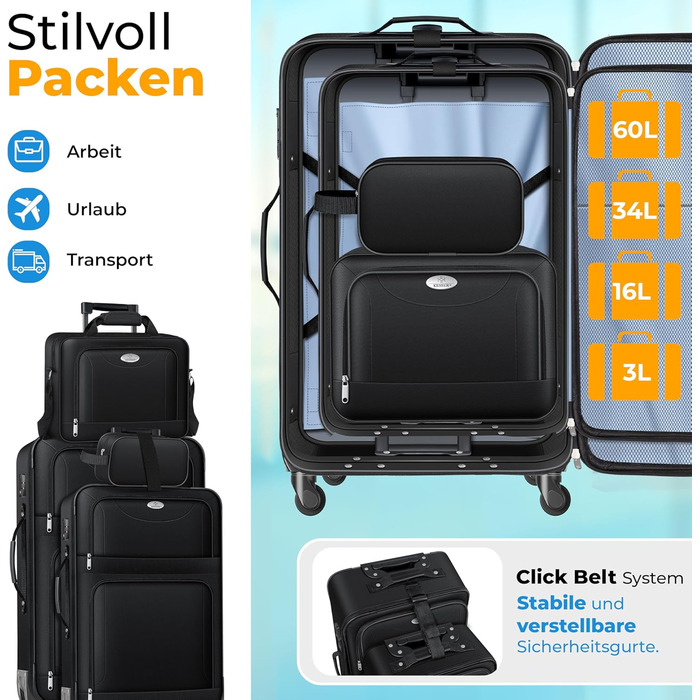 Набір валіз KESSER® 4-в-1: чорний дорожній набір з TSA-замком, 360° колесами та телескопічною ручкою | Чемодан, сумка для косметики, ручна поклажа, велика валіза для подорожей та бізнесу