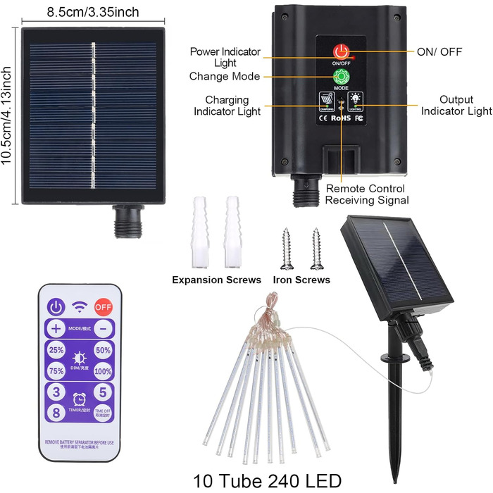 Світильники Acxilexy Solar Meteor, 30 см, 10 трубок, 240 LED, пульт, водонепроникні, теплий білий