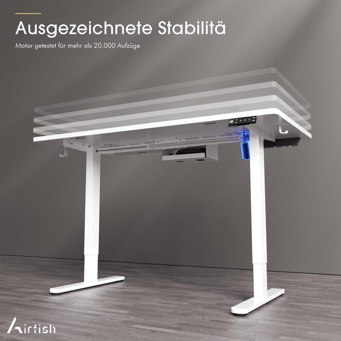 Електричний стіл Airfish з регулюванням висоти (140x70 см) з бездроговою зарядкою, пам'яттю на 3 положення та функцією нагадування про відпочинок, білий.