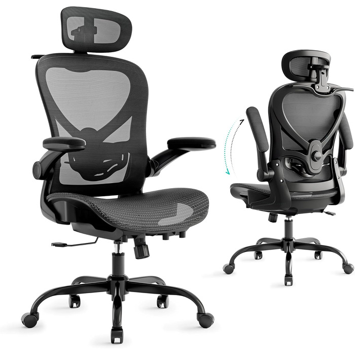 Офісне крісло LarkLeaves з ергономічною підтримкою спини, регульованими підлокітниками, сітчастою спинкою та підголівником, для офісу, навчання, бібліотеки, 140 кг, (Чорний, Lite)