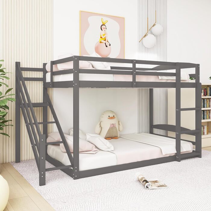 Ліжко-горище Merax 90x200 см, дитяче ліжко-будиночок, дерев'яне двоярусне ліжко із захистом від падіння та рейковим каркасом, універсальне дитяче ліжко з дахом та кутовими сходами, ігрове ліжко для хлопчиків та дівчаток, (90 x 200 см, сірий)