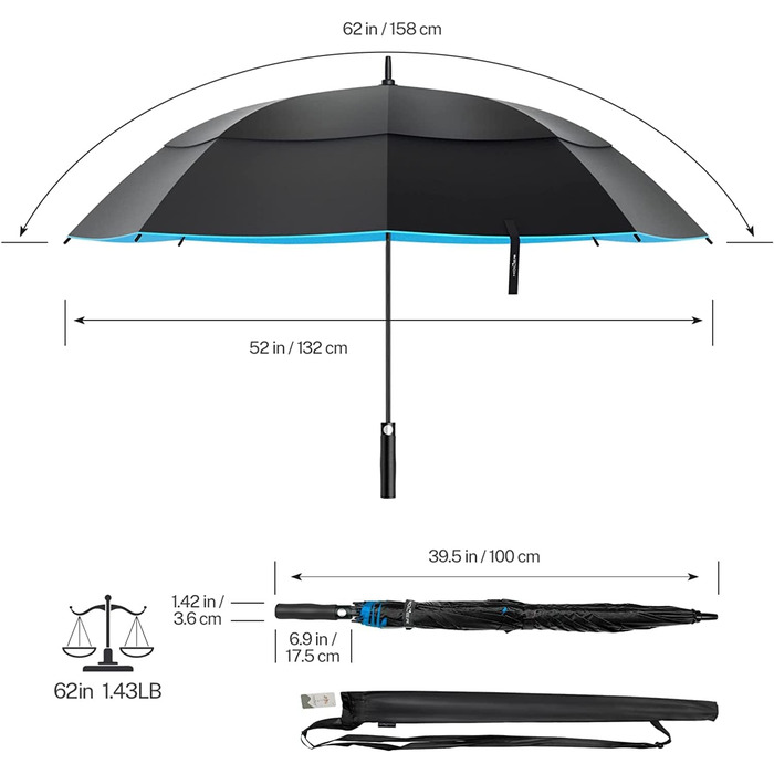 Парасолька KOLER Штормостійка, парасолька Велика парасолька для гольфу 158 см Навіс з подвійною парасолькою, автоматичним відкриттям, сонцезахисним, дощовим та вітрозахисним Велика парасолька для гольфу для жінок та чоловіків, чорний/синій Синій 157,5 см