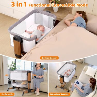 Дитяче ліжко-приліжкове 3 в 1 з м'яким матрацом, безпечне та універсальне, 7 положень по висоті, відкидна боковина з колесами для дому та подорожей