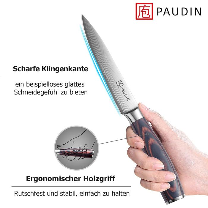 PAUDIN Сантоку ніж, 17 см, кухонний ніж для приготування суші, з нержавіючої сталі, ергономічна ручка, для дому та ресторану