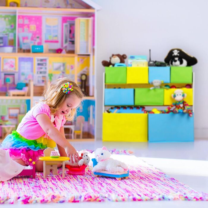 Дитяча полиця Relaxdays з 9 тканинними коробками, дитяча тематика біля багаття, органайзер для іграшок HBT 66 x 82,5 x 29,5 см, барвистий