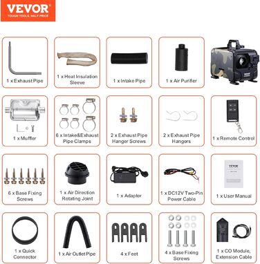 VEVOR 8 кВт дизельна піч опалення 12/24 В з Bluetooth, пультом дистанційного керування та CO-датчиком, швидко нагрівається, портативна, горизонтальна, маскувальна