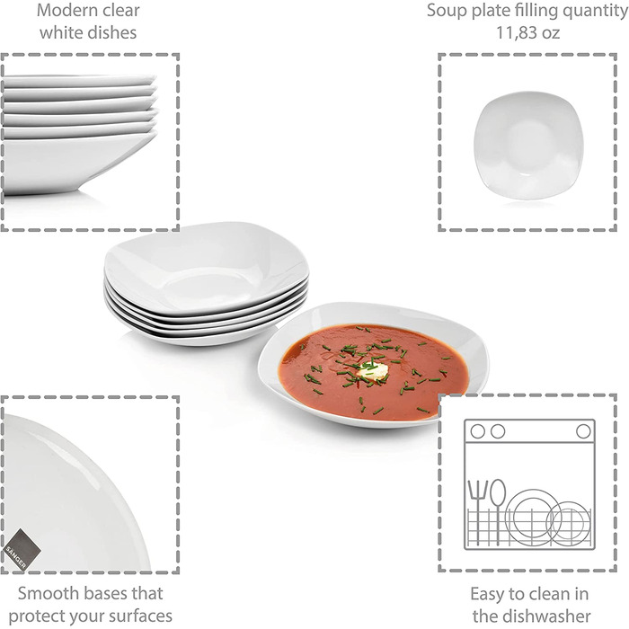 Співачка / сервіровка столу Більгола білий, набір посуду з 18 предметів на 6 осіб з порцеляновими тарілками для супу, десерту і плоскими тарілками (Супова тарілка на 6 ложок)