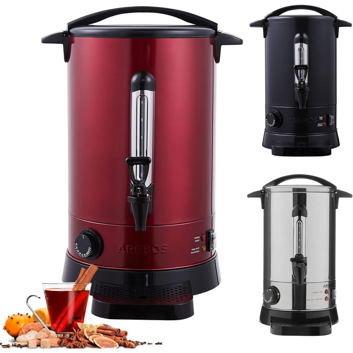 Електричний глінтвейнер Arebos 950 Вт | Дозатор гарячих напоїв | 8,8 л | з піддоном, краном, термостатом та захистом від перегріву | Регулювання температури 30-110°C | Червоний