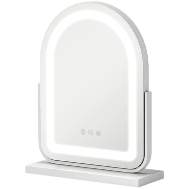 Дзеркало для макіяжу HOMCOM, 33 x 44,5 см, з LED-підсвічуванням, 3 колірні режими, 360° обертання, дзеркало для макіяжу з сенсорним керуванням, металевий каркас, біле | Aosom