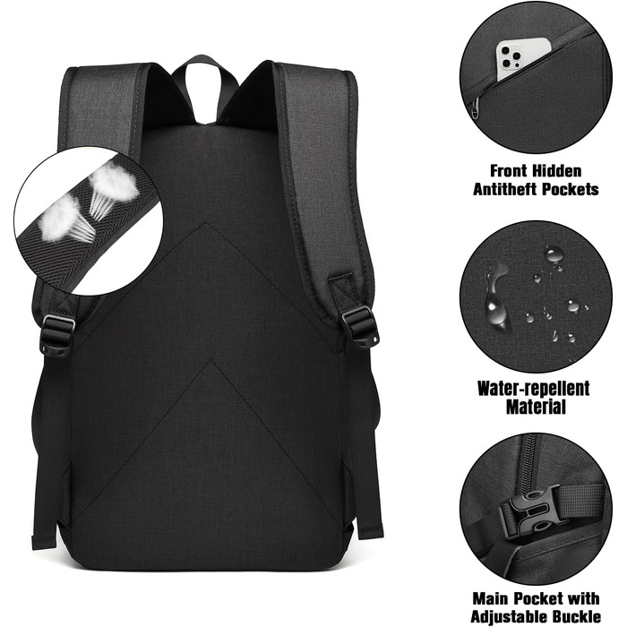 Чорний рюкзак для ноутбука KONO 15.6 дюймів, водонепроникний, антикрадійний, для роботи, подорожей та навчання