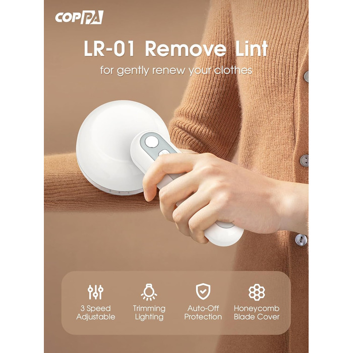 Електричний видальник ворсу 6-лезовий, перезаряджається, з індикатором заряду, для одягу, білий