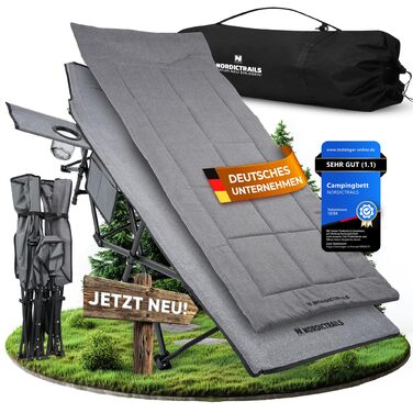 Розкладне кемпінгове ліжко NORDICTRAILS XXL з м'яким матрацом, сіре (190 x 70 см) — зручне похідне ліжко для відпочинку, риболовлі та гостей