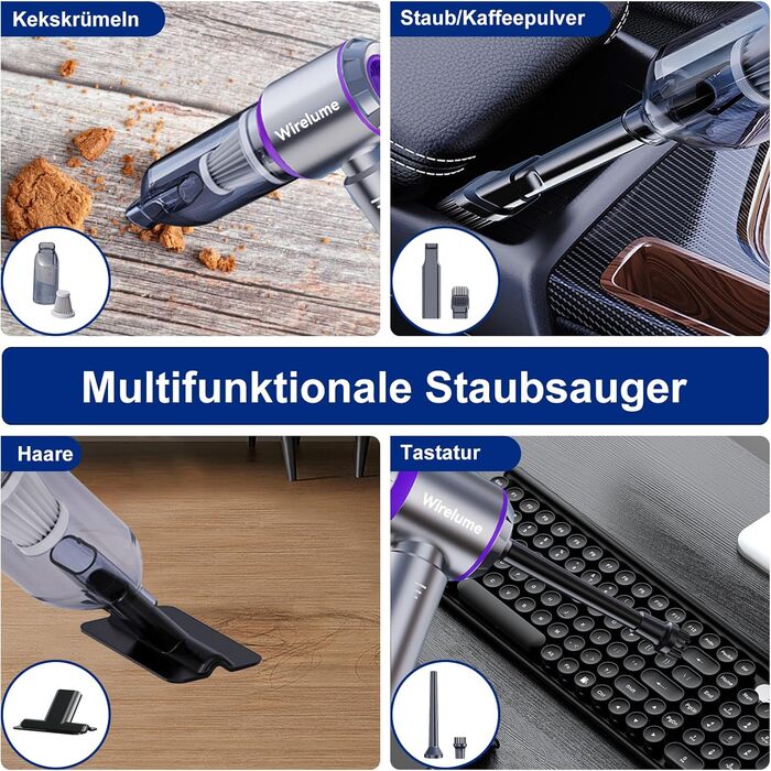 Акумуляторний ручний автомобільний пилосос 4 в 1, бездротовий міні-пилосос для авто з потужністю 22 000 Па, 3 режими всмоктування, портативний для шерсті тварин та салону авто, фіолетовий