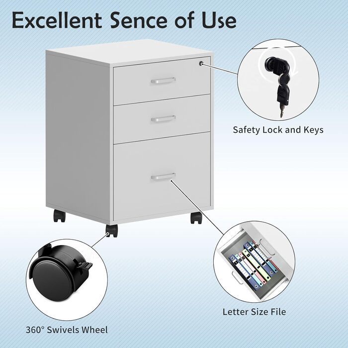 Шафа для документів на колесах SogesHome, офісний контейнер з 3 висувними ящиками, білий, з замком