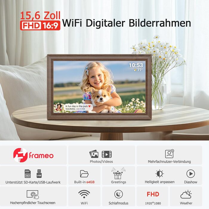 Цифровий фоторамка Frameo 10.1 дюйма з Wi-Fi, сенсорний IPS екран HD 1280*800, 32GB пам'яті, автоповорот, підтримка Frameo App для зручного обміну фото та відео, корпус з дерева (15.6 дюймів)