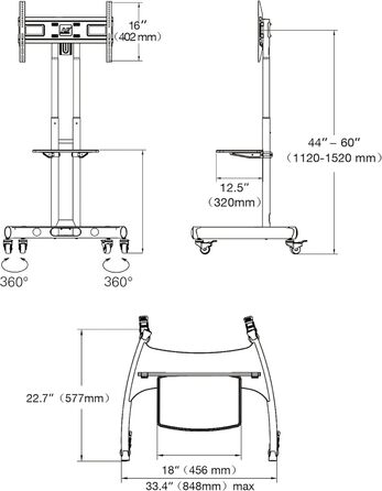 Підставка для телевізора Ergosolid AVA1500B на колесах, чорна, до 45.5 кг, регульована для LCD/LED/Plasma