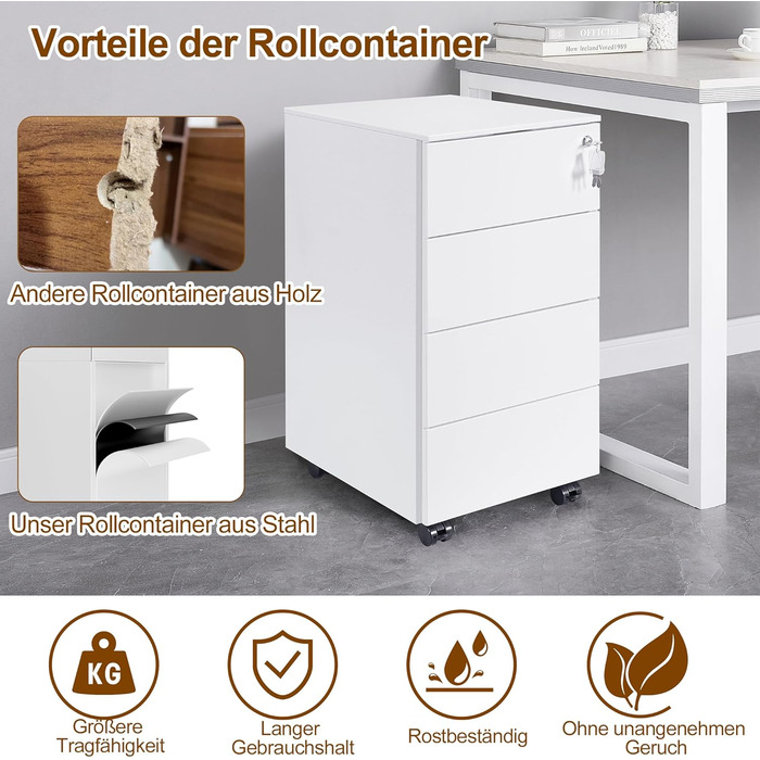 Роликовий контейнер HOMSTEEL з замком, 4 ключі, 4 шухляди, металевий шафа, готовий до збирання, для офісу, домашнього офісу, білий (44T x 37B x 69.5H cm)