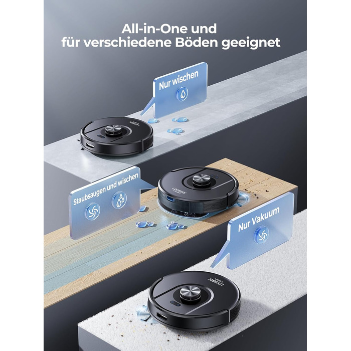 Робот-пилосос Laresar Clean 3-в-1 з функцією миття, 5000Pa, лазерна навігація, 180 хв, для тварин, килимів, твердих підлог, керування через додаток, 15 зон заборони (чорний)