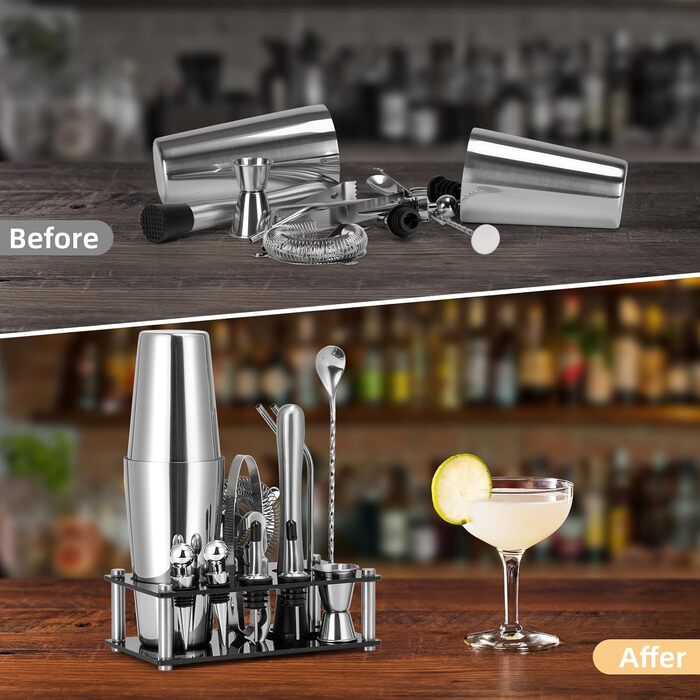 Набір для коктейлів Cinnani 15 предметів з підставкою, нержавіюча сталь, професійний шейкер-бостонський, подарунковий набір для бармена