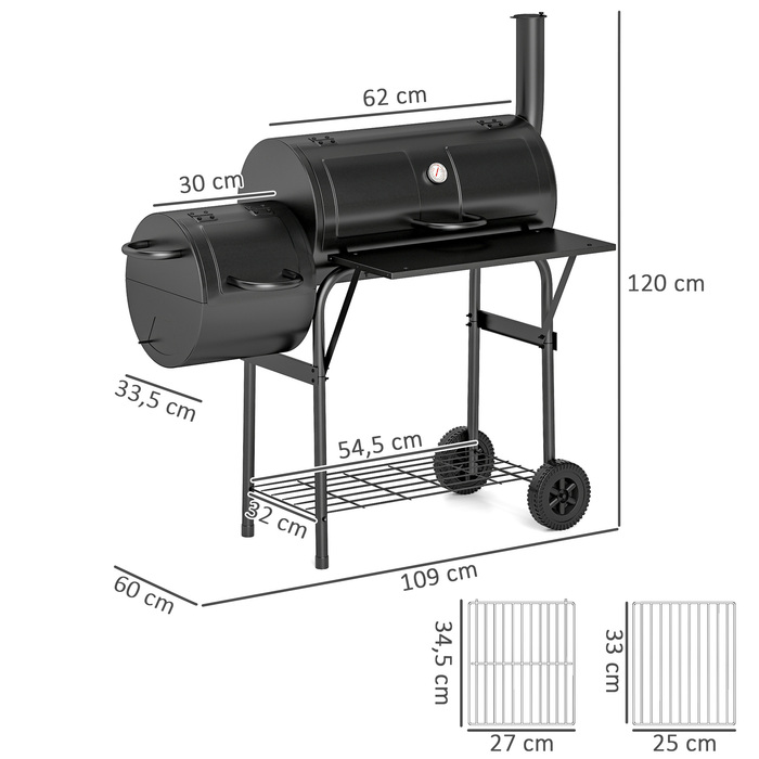 Сталевий вугільний гриль Outsunny BBQ Smoker з кришкою, термометром, колесами, полицею, рухомий гриль-візок з регулюванням подачі повітря, вугільний кошик, вугільний гриль для барбекю, кемпінгу, саду 109x60x120 см | Aosom