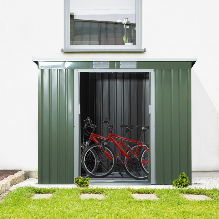 Outsunny Garden Shed 2,42 м², Садовий сарай з вентиляційним вікном, Розсувні двері, Фундамент, 213 x 130 x 159/172 см, Садовий сарай з оцинкованої сталі, Атмосферостійкий, Для саду, Зелений | Аосом