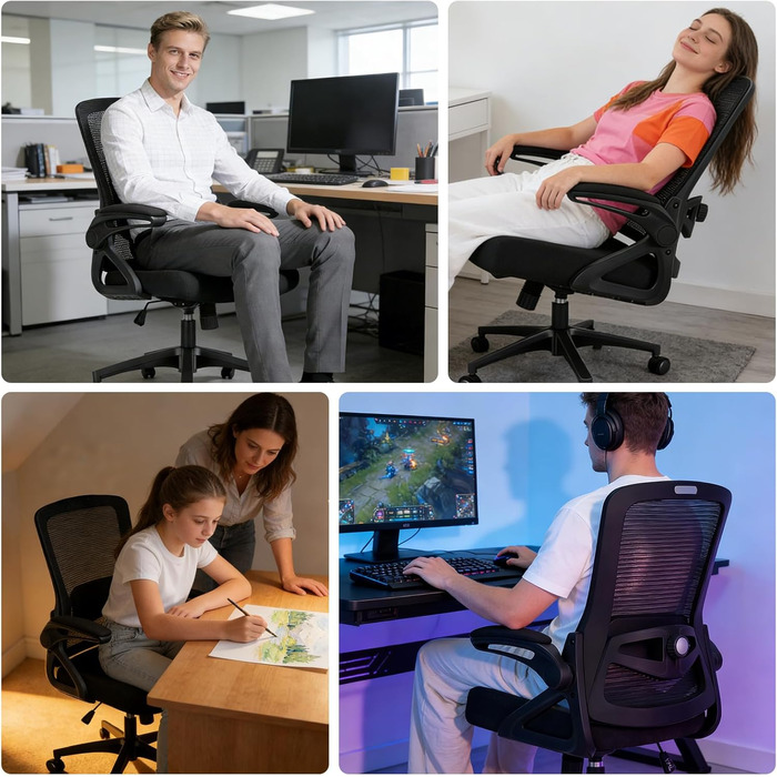 Ергономічне крісло для офісу, комп'ютерне крісло з регульованою 4D поперековою підтримкою, поворотне крісло з відкидними підлокітниками, крісло з функцією нахилу 90°-125°, сітчасте крісло до 130 кг, чорне