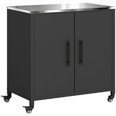 Садовий шафка з полицею для рослин та ящиком для інструментів з робочою поверхнею з нержавіючої сталі, знімною кришкою, магнітною полицею та двома дверцятами на колесах.