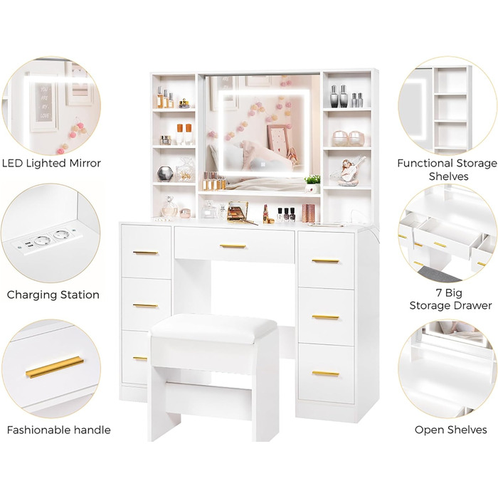 Великий туалетний столик ANWBROAD з регульованою LED-підсвіткою (3 кольори), розетками, дзеркалом та пуфом. 7 висувних ящиків, 4 полиці. Колір: білий. Розміри: 140x100x40 см.