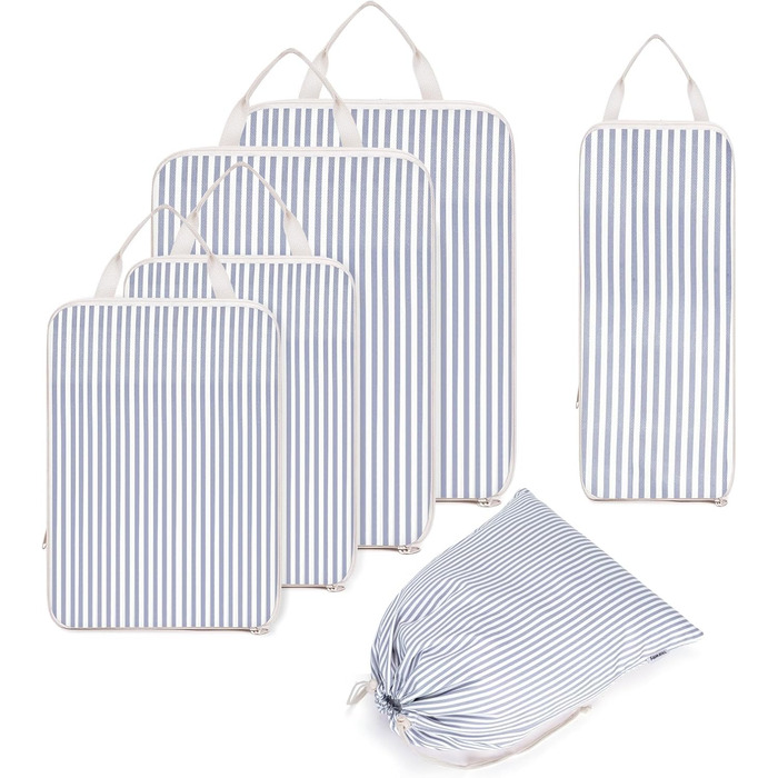 Набір органайзерів для подорожей Narwey (6 шт), компресійні органайзери для валізи та рюкзака, набір пакувальних кубів для одягу, сіро-блакитні смужки