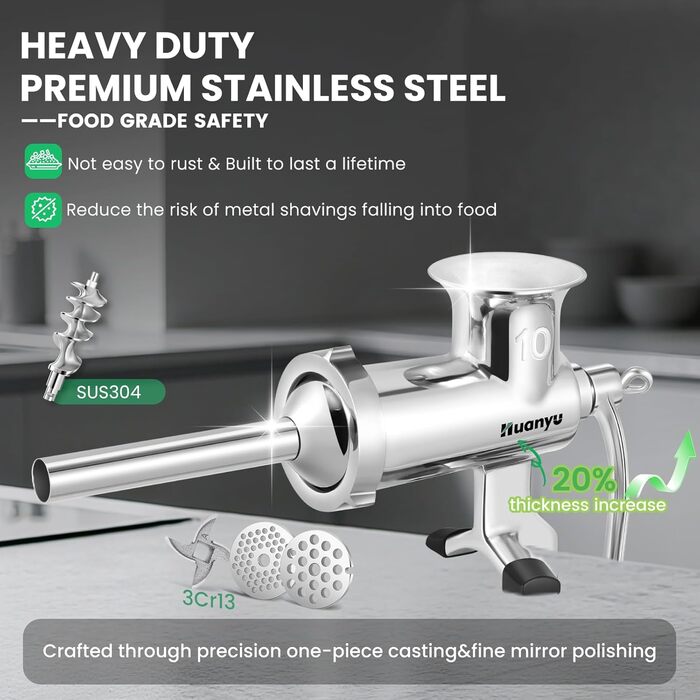 М'ясорубка ручна Huanyu з нержавіючої сталі та насадкою для ковбас, посудомийна, розмір 10