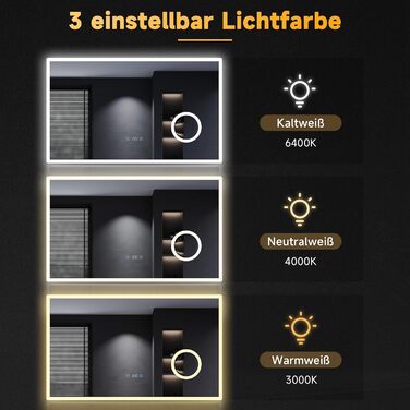 Дзеркало для ванної кімнати SONNI з підсвічуванням 80x60 см, 3 кольори світла, проти запотівання, LED, сенсорне управління, годинник, температура, 3x збільшення