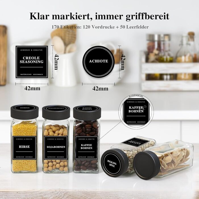 Набір скляних банок для спецій 24 шт. [120 мл, кутові & герметичні] з кришками з нержавіючої сталі, етикетками та ситами - набір спецій, воронки та щітки для чищення - зберігання спецій, баночки для спецій (матова чорна)