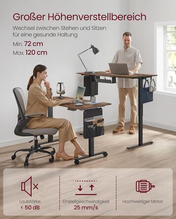 Електричний регульований стіл VASAGLE, 60 x 140 см, висота 72-120 см, 4 пам'яті, vintage brown, LSD174X01