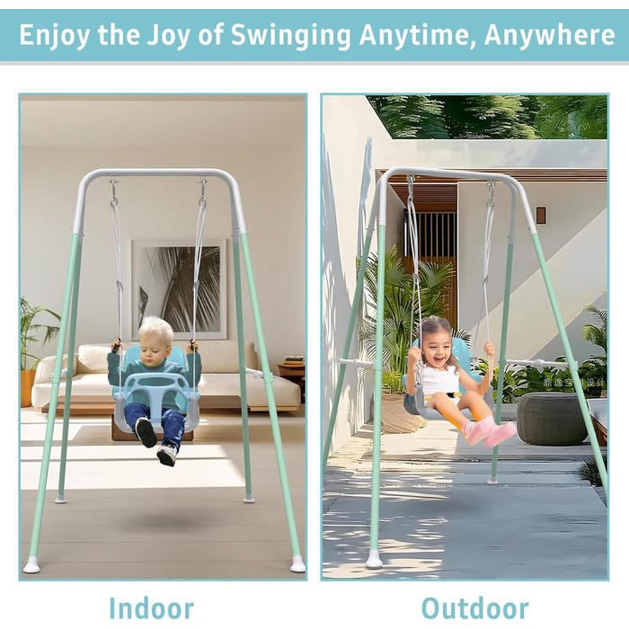 Дитяча гойдалка-шезлонґ 3-в-1 для дому та вулиці з металевим каркасом, 6 місяців - 10 років (світло-зелений)