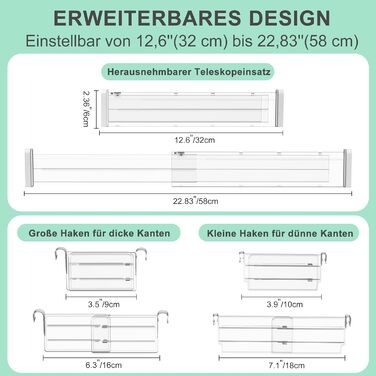FUNIZE Регульовані роздільники для ящиків з вставками, 8 шт., роздільники 32-58 см + 16 шт. вставок 9-18 см, органайзер для ящиків, кухня, спальня, офіс, прозорий, 6 см висота