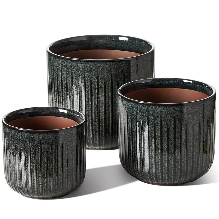 Набір горщиків для квітів LE TAUCI 3 шт. з кераміки, 21+17+14 см, з дренажними отворами, реактивна глазур, темно-оливковий колір
