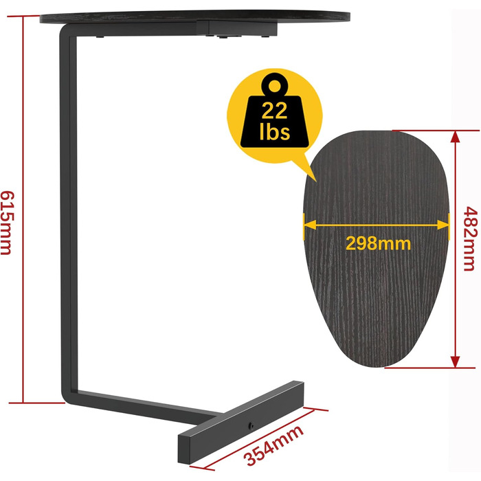 Овальний С-подібний журнальний столик ANYHI, сучасний журнальний столик з металевим каркасом, стільниця з сірого горіха 19'x24'