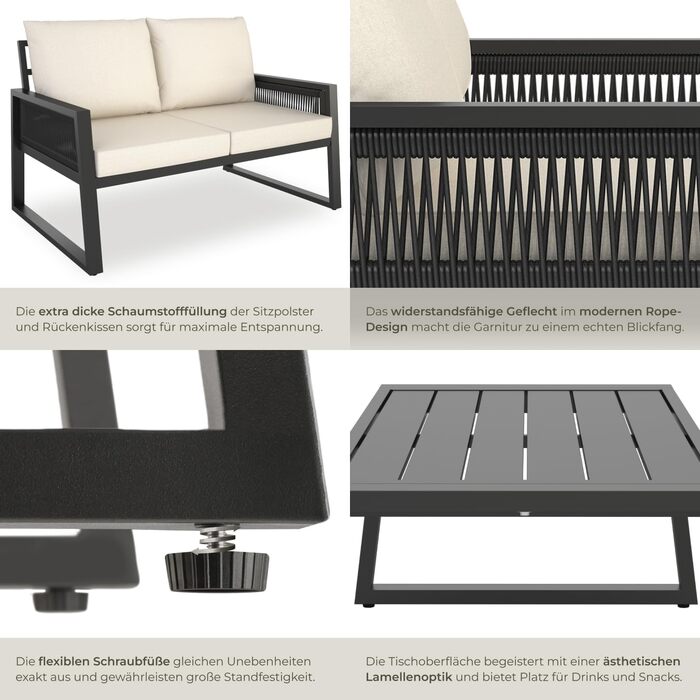 Набір садово-розсудних меблів tectake® Rope Design для саду/балкону: 2 крісла, диван, стіл з імітацією дерева, 4 посадочні місця, з подушками, вологостійкий