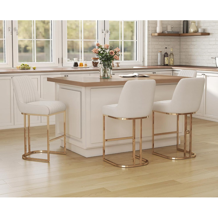 Набір з 2 барних стільців з велюру з золотистими ніжками, з підлокітниками та спинкою для кухонної стійки/домашнього бару (білий)