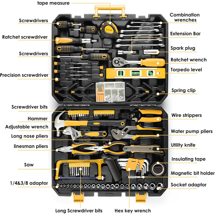 Набір інструментів TLGREEN 198 предметів в кейсі: побутові інструменти з тріскачкою, набір головок, викрутки, універсальний інструментальний набір (жовто-чорний)