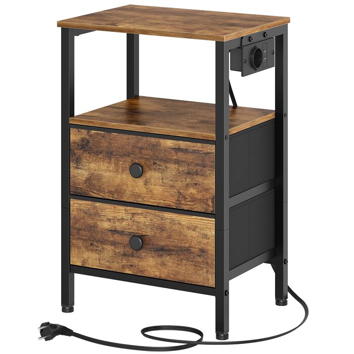 Нічний столик з підзарядкою, тумбочка з 2 шухлядами, приліжний столик з USB-портами та полицями, для вітальні, спальні, вінтажний коричневий та чорний XET02CBRY1